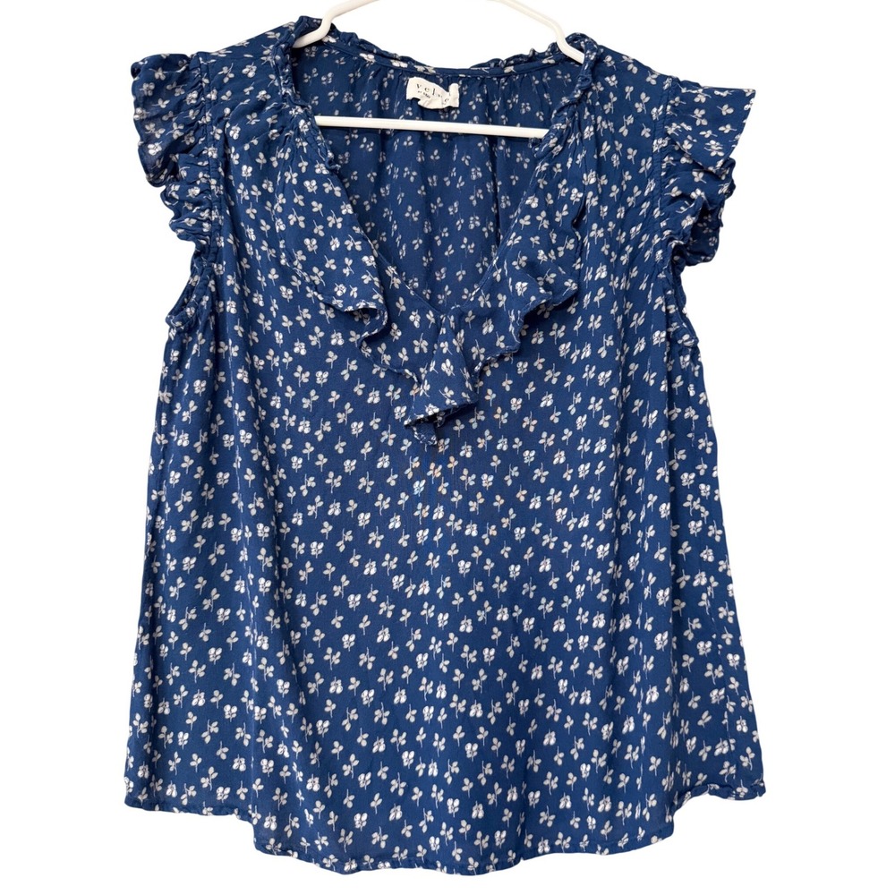 Velvet by Graham & Spencer Blue Floral Ruffle V Neck Flutter Sleeve Blouse Top M